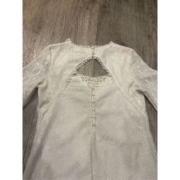 Olsenboye OffWhite Cream Lacey Short Dress Bell Sleeve Open Back Dress Large - Picture 10 of 11